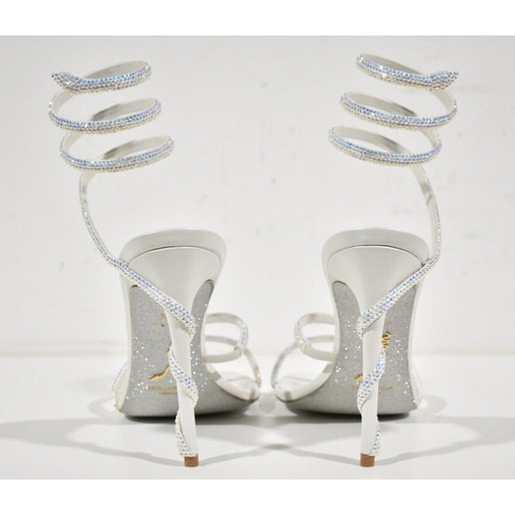 Rene Caovilla Margot Ivory White Crystal Ankle Wrap Strap Sandal Heel Pump 39 - Picture 11 of 12